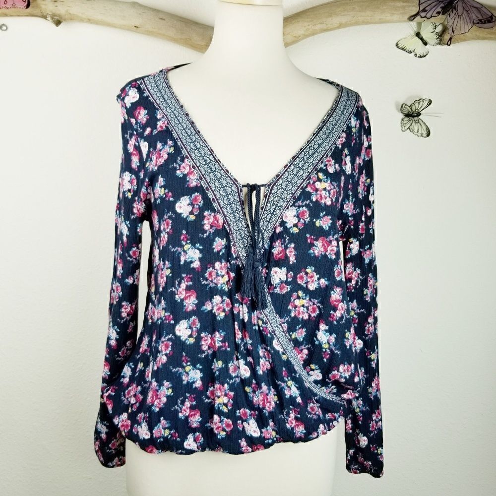 Crave Famous cross front tasseled floral boho top